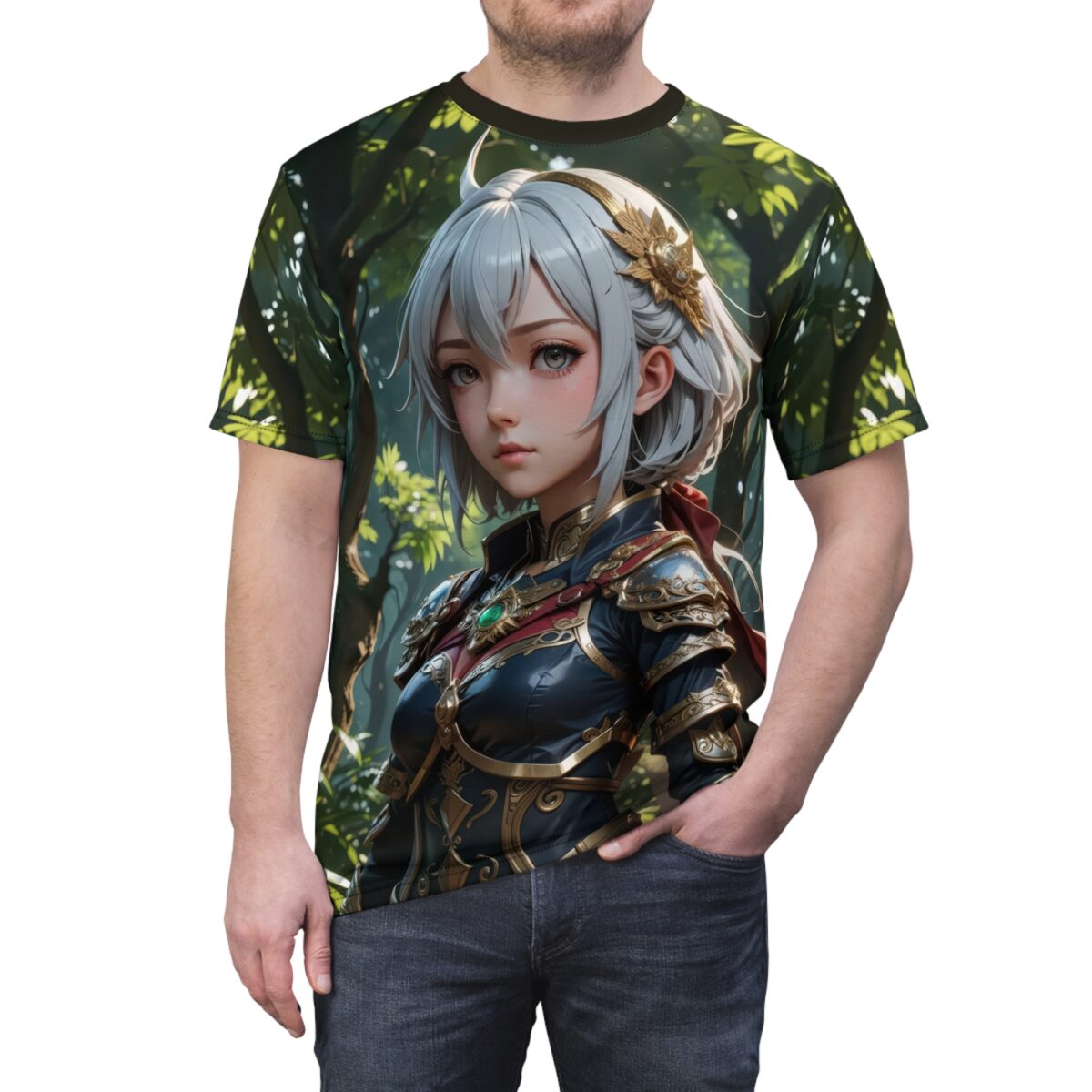 Anime warrior with silver hair in armor, featuring a vibrant forest background all over print sublimation tee.