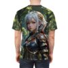Anime warrior girl in detailed armor with silver hair, all over print sublimation tee featuring a lush forest background. Streetwear aesthetic.