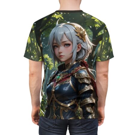 Anime warrior girl in detailed armor with silver hair, all over print sublimation tee featuring a lush forest background. Streetwear aesthetic.