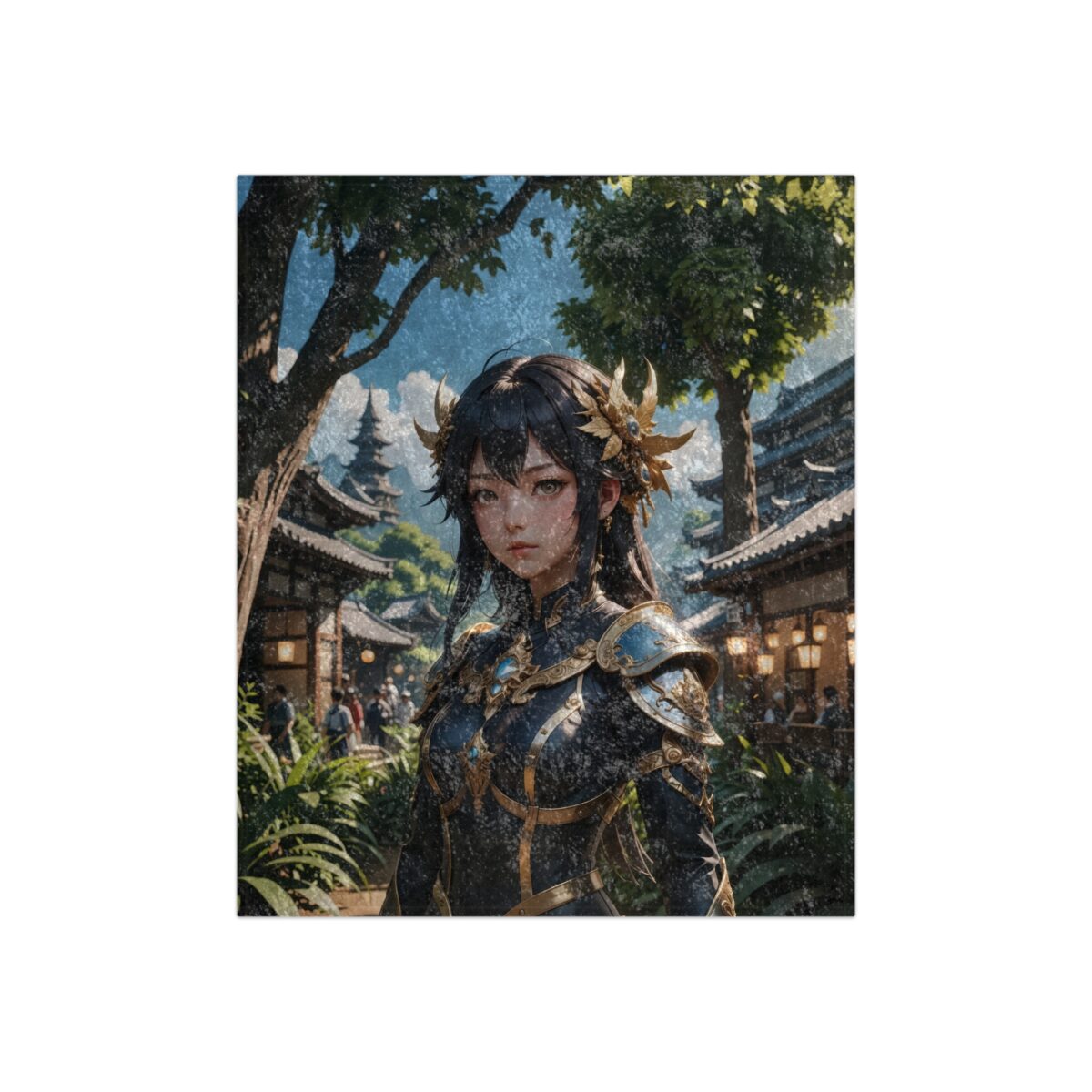 Anime warrior portrait in ornate armor, set against a traditional Japanese village backdrop with cherry blossoms falling.