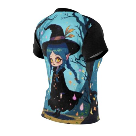 Anime witch with blue hair and yellow eyes wearing a black hat and cloak, standing in a magical forest. Women's sublimation tee.