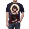 All over print sublimation tee featuring anime woman in black dress and red cloak against a full moon sky with red petals.