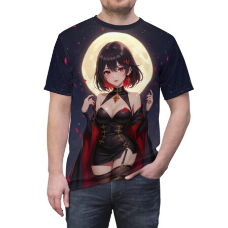 All over print sublimation tee featuring anime woman in black dress and red cloak against a full moon sky with red petals.