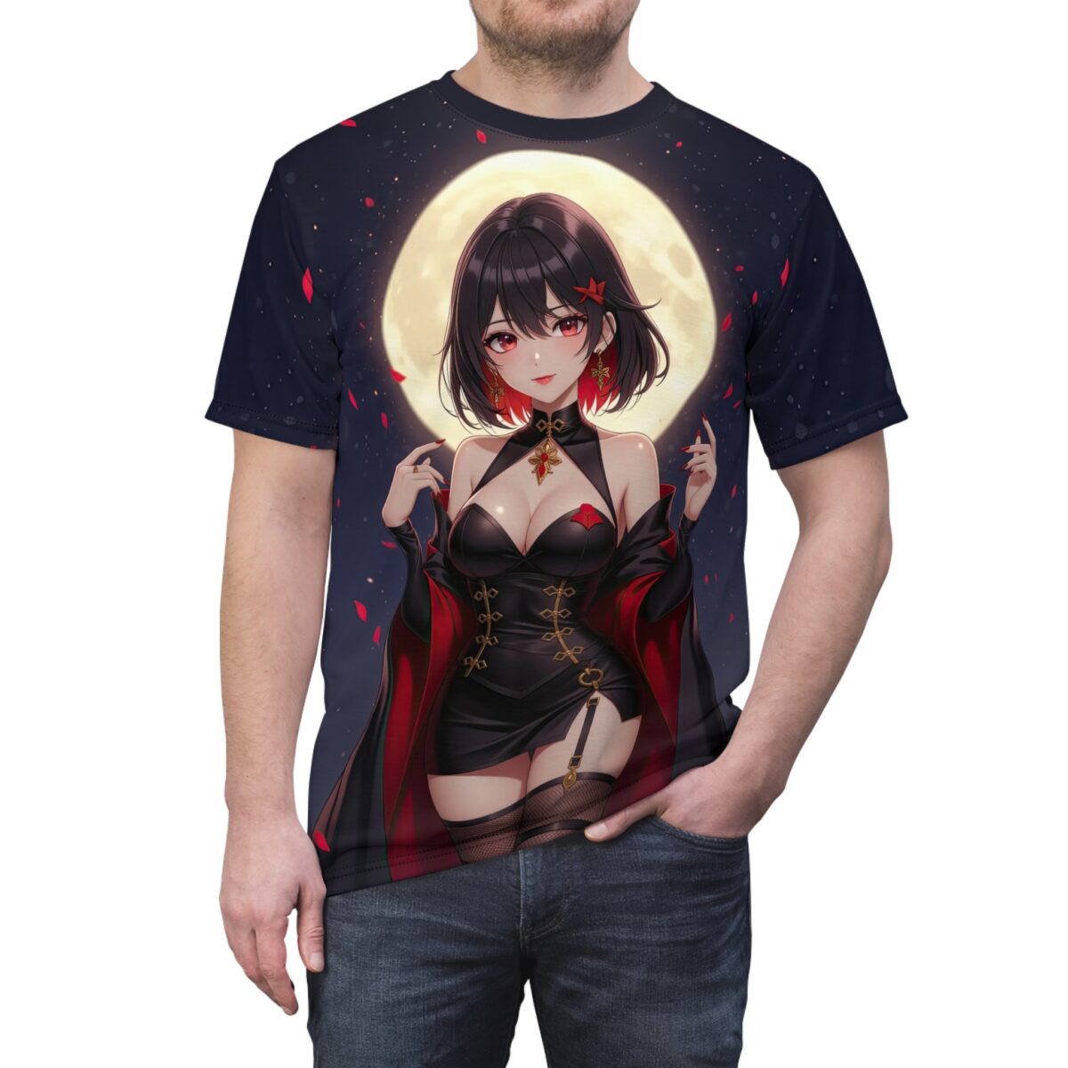 All over print sublimation tee featuring anime woman in black dress and red cloak against a full moon sky with red petals.