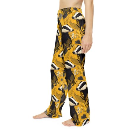 Yellow pajama pants with an all-over print of badgers, black foliage, and small white flowers. Features a seamless wrap around graphic.