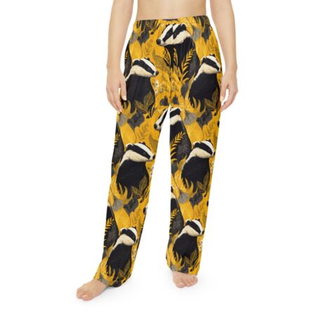 Yellow pajama pants with an all over print of badgers and dark foliage. Seamless sublimation design.