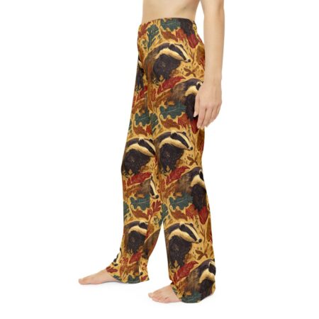 Badger and oak leaf pattern all over print pajama pants with a vintage aesthetic and seamless wrap around graphic.
