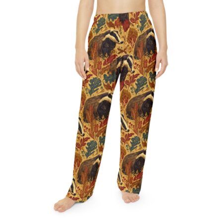 Badger and autumn leaf all over print pajama pants, featuring a seamless vintage pattern and comfortable wrap around graphic.