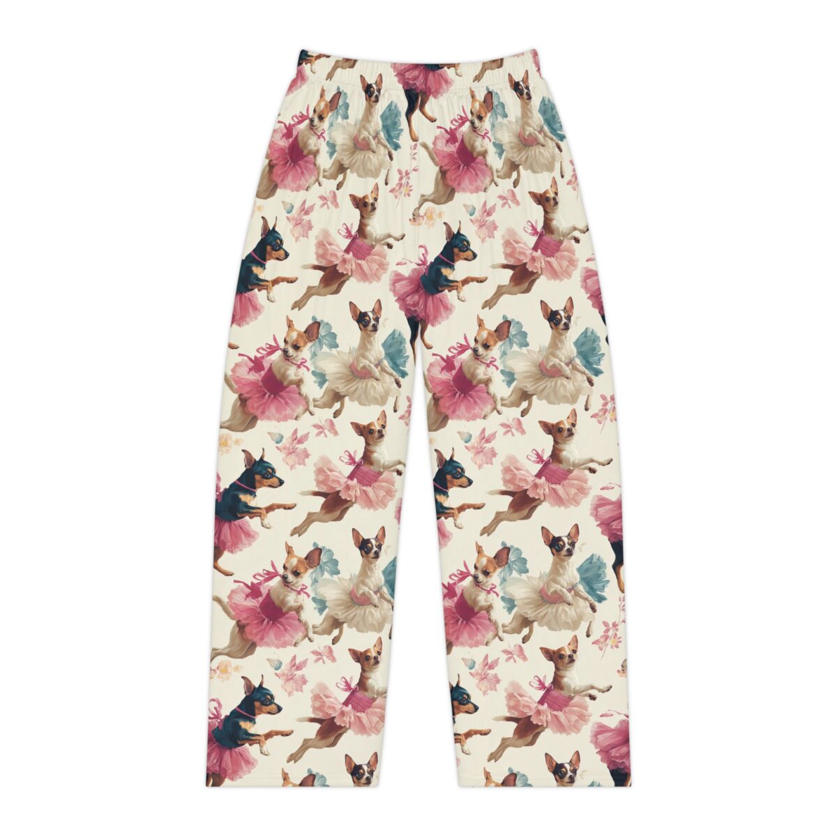 Ballet dog all over print pajama pants, featuring chihuahuas in pink and white tutus with floral accents.