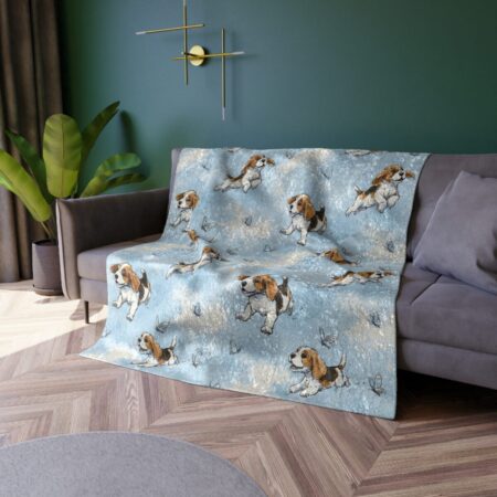 Cute beagle puppies and butterflies all over print on a light blue fuzzy throw blanket, perfect for pet lovers.