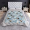 Beagle puppies and butterflies scattered across a blue and white abstract background on this all-over print fleece blanket.