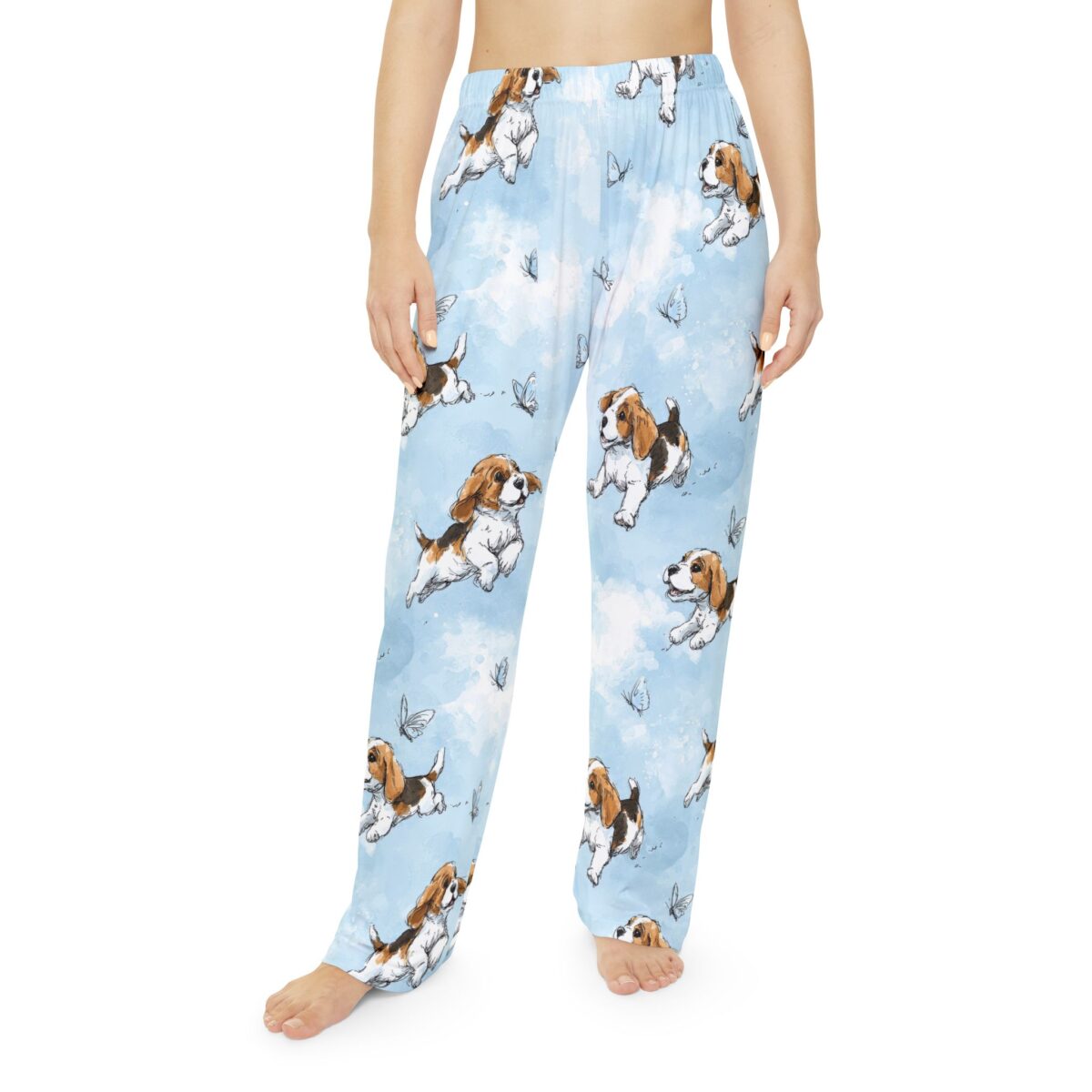 Beagle puppies and butterflies all over print pajama pants with a sky cloud background. Seamless print loungewear.