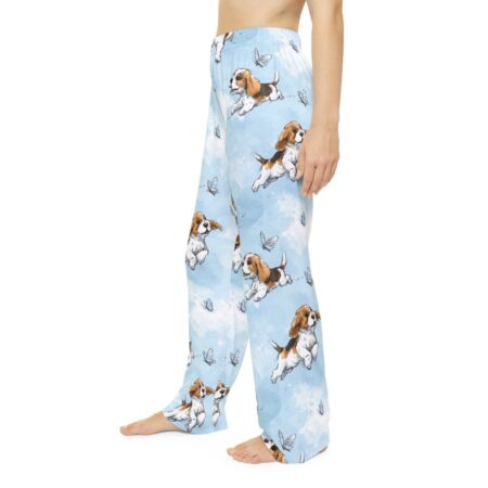 Cute beagle puppies and butterflies on a light blue watercolor background all over print pajama pants.