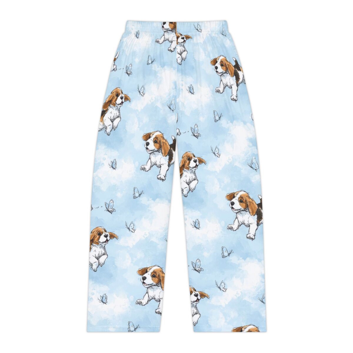 Cute beagle puppies and butterflies scatter across a light blue sky all-over print pajama pants.