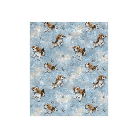 All over print sublimation tee featuring a cute beagle puppy and butterfly pattern on a blue textured background.