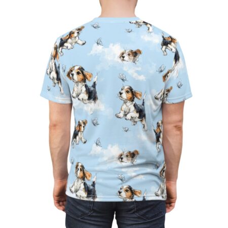 Beagle puppies and butterflies all over print sublimation tee on a light blue sky background with clouds.