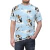 Beagle puppies and butterflies scattered across a sky blue all over print sublimation tee with clouds.