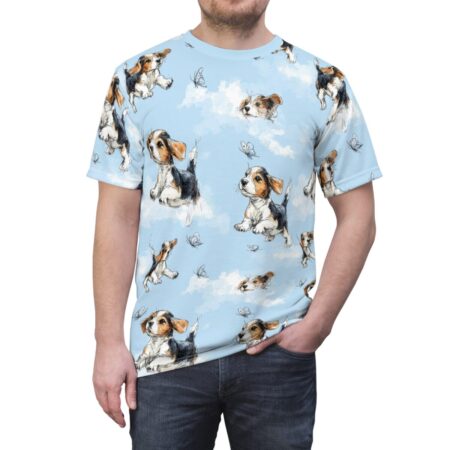 Beagle puppies and butterflies scattered across a sky blue all over print sublimation tee with clouds.