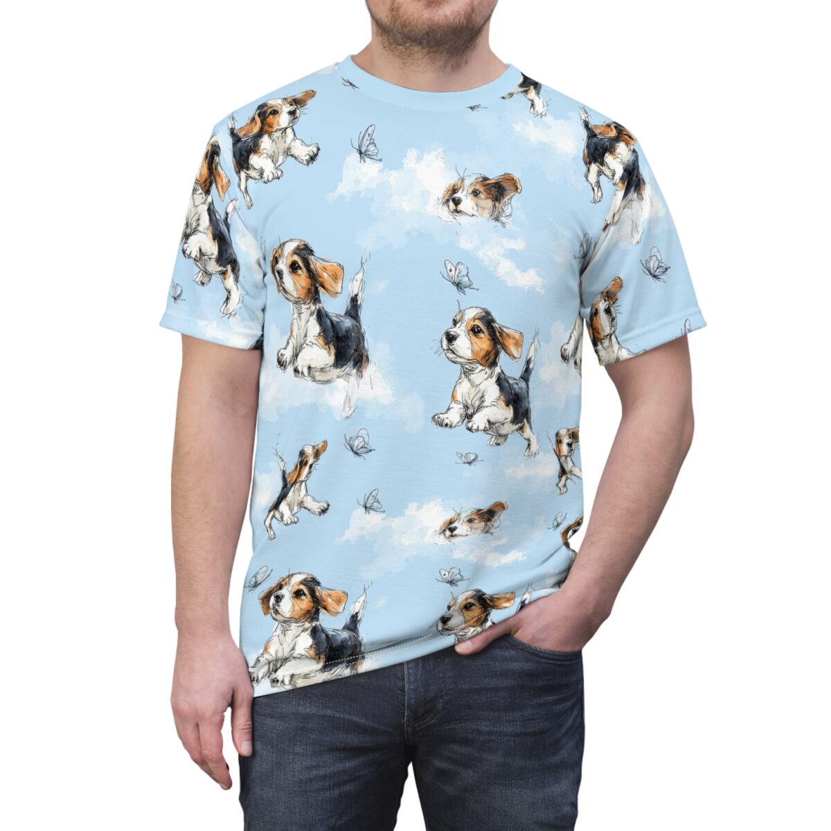Beagle puppies and butterflies scattered across a sky blue all over print sublimation tee with clouds.