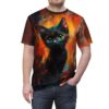 Black cat with striking green eyes on an abstract, vibrant orange and blue oil painting background. All over print sublimation tee.