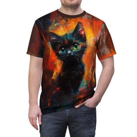 Black cat with striking green eyes on an abstract, vibrant orange and blue oil painting background. All over print sublimation tee.