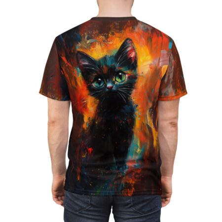 All over print sublimation tee featuring a vibrant, artistic black cat with striking green eyes against an abstract fiery background.