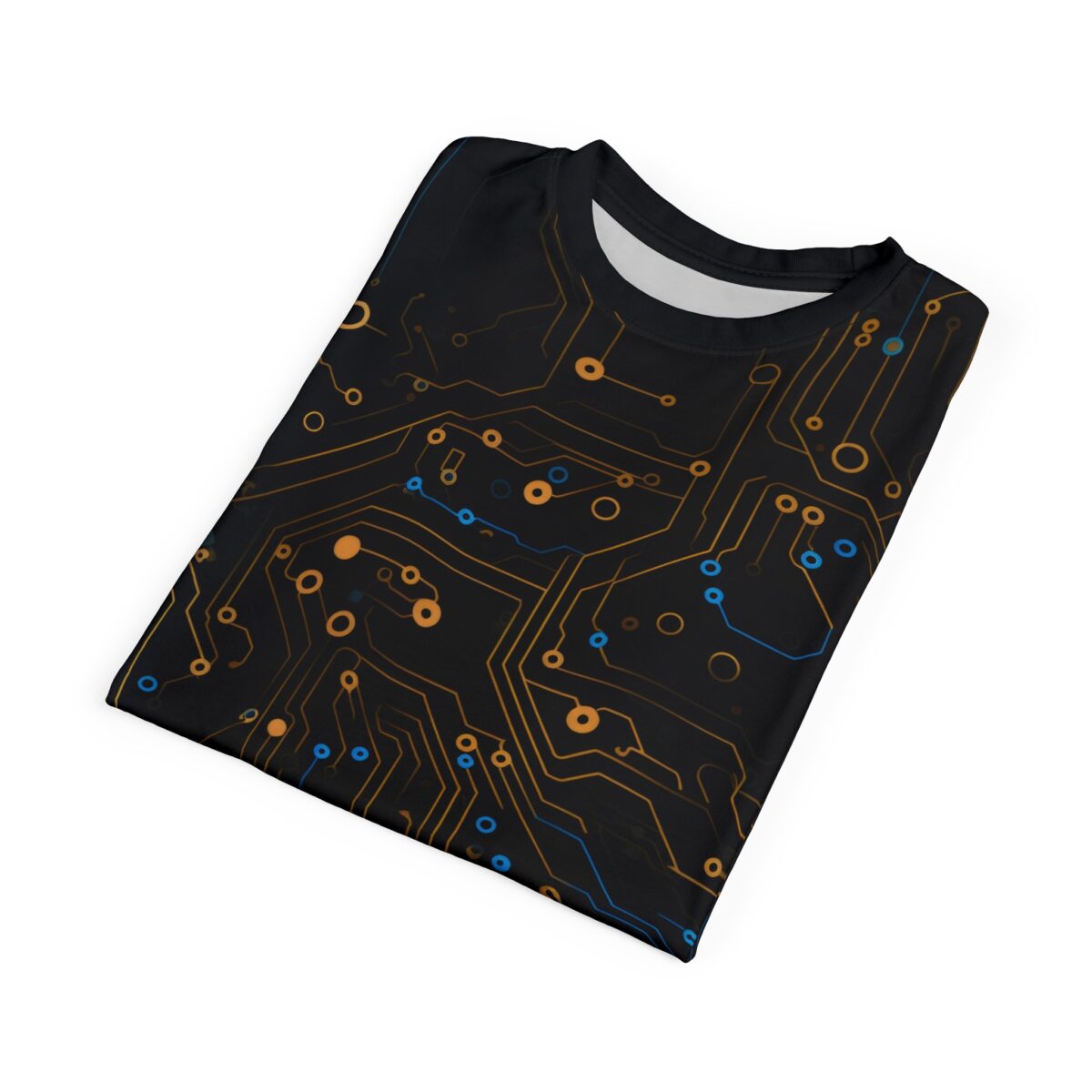 Black sublimation tee with all over print of a circuit board graphic featuring orange and blue lines and circles.