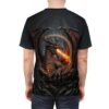 Black all over print sublimation tee showcasing a fierce dragon breathing fire within a circular ancient rune frame. Cyber grunge aesthetic.