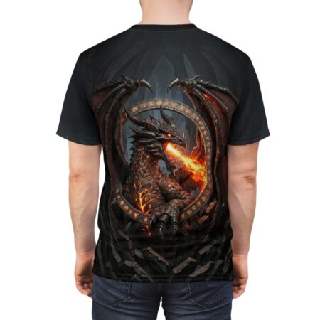 Black all over print sublimation tee showcasing a fierce dragon breathing fire within a circular ancient rune frame. Cyber grunge aesthetic.