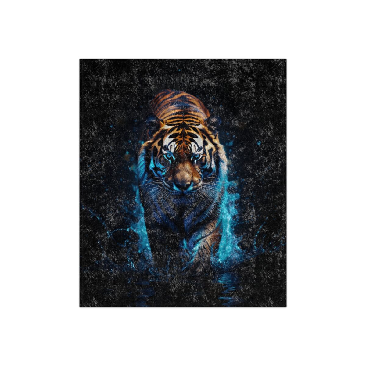 Striking tiger head with intense blue flames and glowing eyes on a dark, textured background. Fierce animal graphic.