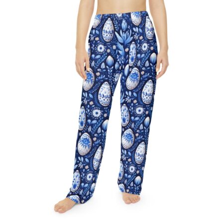 Blue and white floral Easter egg all over print pajama pants with seamless wrap around graphic.