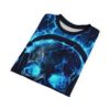 All over print sublimation tee featuring a dark skull with glowing blue eyes and crackling blue lightning.