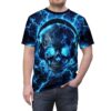 Blue lightning skull with glowing eyes and headphones all over print t-shirt, featuring electric blue energy and dark debris.