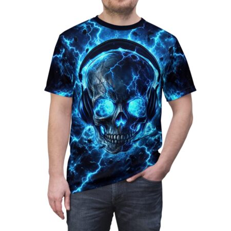 Blue lightning skull with glowing eyes and headphones all over print t-shirt, featuring electric blue energy and dark debris.