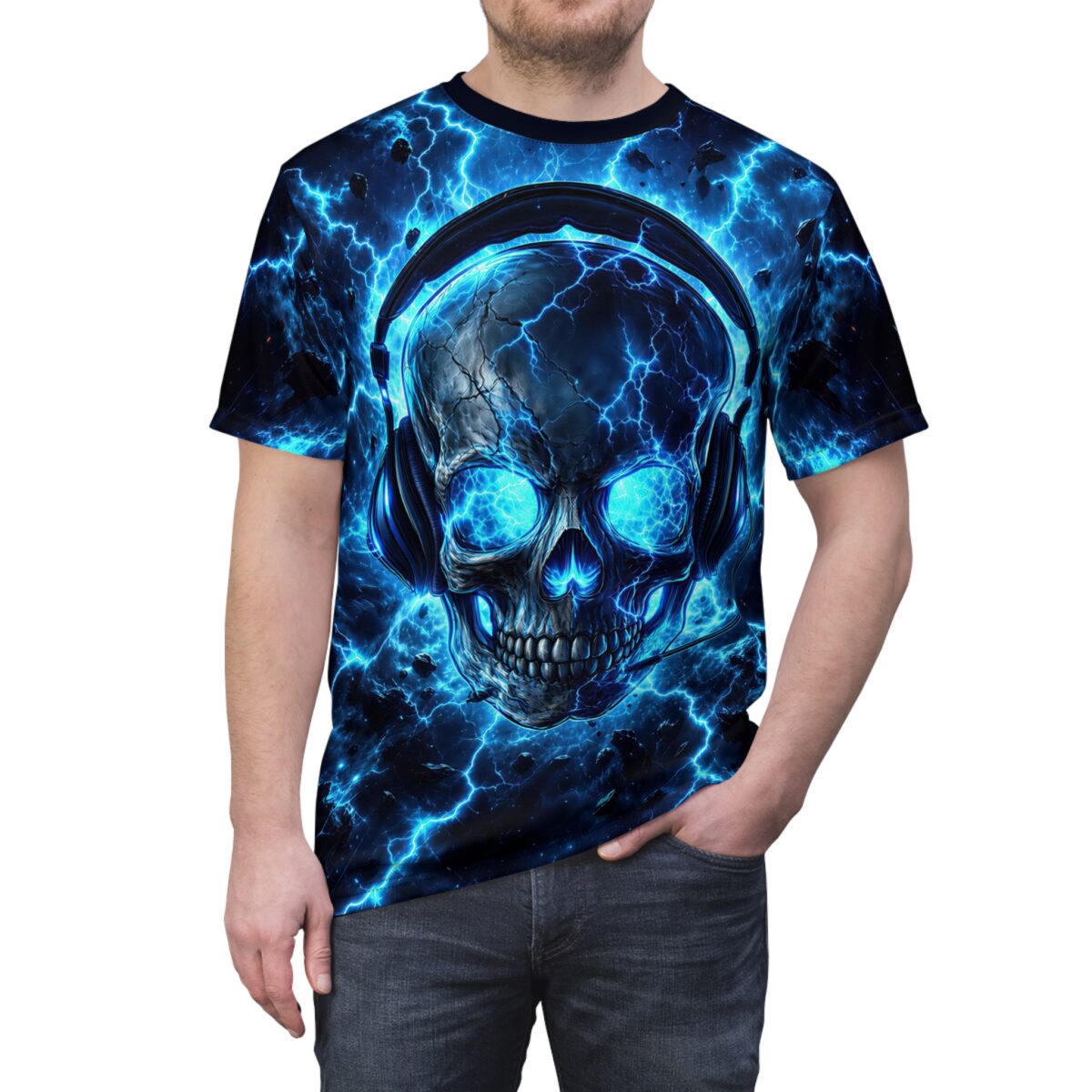Blue lightning skull with glowing eyes and headphones all over print t-shirt, featuring electric blue energy and dark debris.