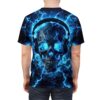 All over print sublimation tee featuring a black skull with bright blue glowing eyes and headphones, surrounded by electric blue lightning.
