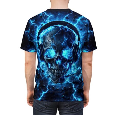 All over print sublimation tee featuring a black skull with bright blue glowing eyes and headphones, surrounded by electric blue lightning.
