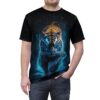 Sublimation tee featuring a fierce blue neon tiger with electric blue eyes and glowing accents on a dark background.