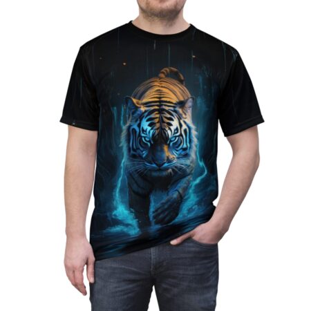 Sublimation tee featuring a fierce blue neon tiger with electric blue eyes and glowing accents on a dark background.