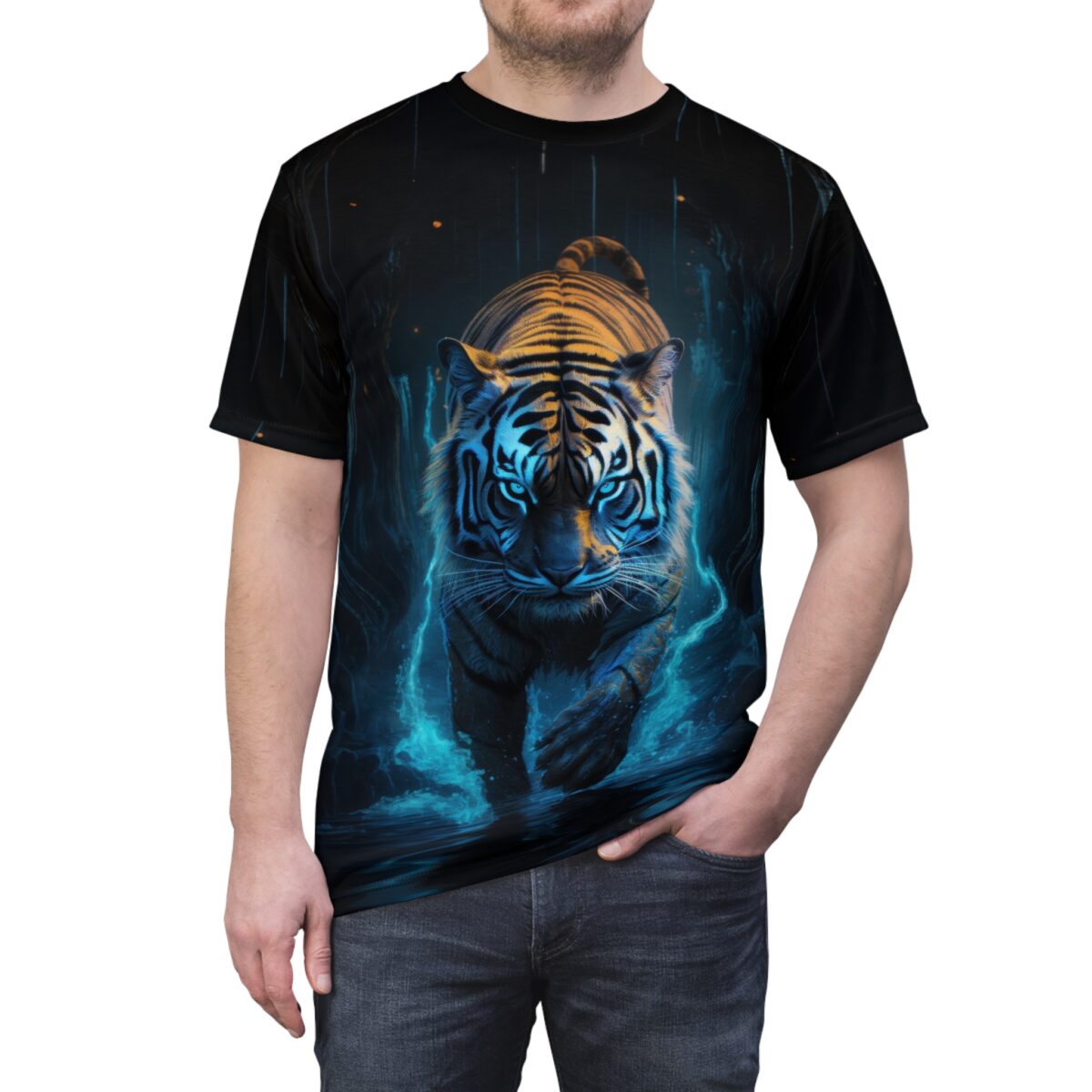 Sublimation tee featuring a fierce blue neon tiger with electric blue eyes and glowing accents on a dark background.