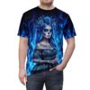 Blue sublimation tee featuring a sugar skull woman with roses and blue flames wrap around graphic.