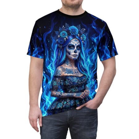 Blue sublimation tee featuring a sugar skull woman with roses and blue flames wrap around graphic.