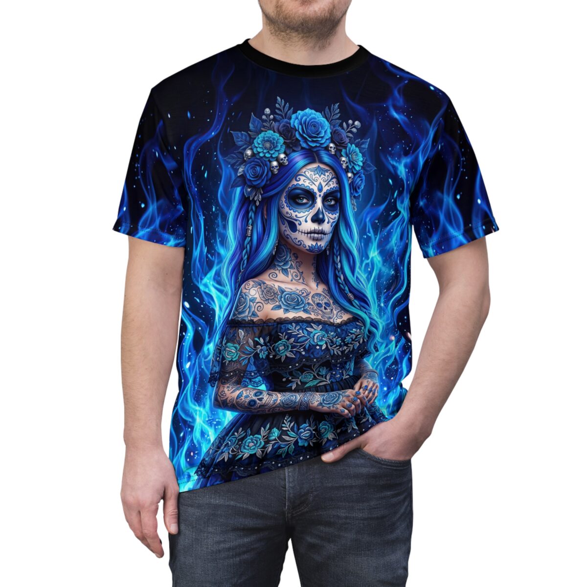 Blue sublimation tee featuring a sugar skull woman with roses and blue flames wrap around graphic.