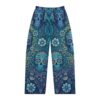 Blue sublimation pants with a detailed all over print of sugar skulls and floral patterns in a vintage design.