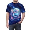 Blue snake with pink eyes coiled around branches with pink sakura flowers, set against a moonlit starry night sky. Seamless all over print sublimation tee.