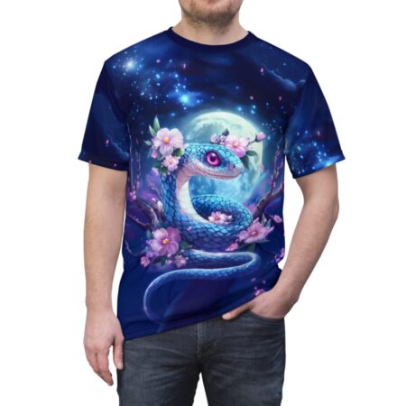 Blue snake with pink eyes coiled around branches with pink sakura flowers, set against a moonlit starry night sky. Seamless all over print sublimation tee.