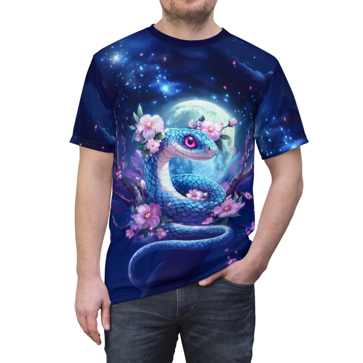 Blue snake with pink eyes coiled around branches with pink sakura flowers, set against a moonlit starry night sky. Seamless all over print sublimation tee.