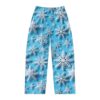Blue pajama pants featuring a seamless all-over print of white 3D snowflakes.