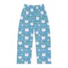 Cute white cat faces with yellow flowers on blue striped pajama pants, all over print sublimation design.