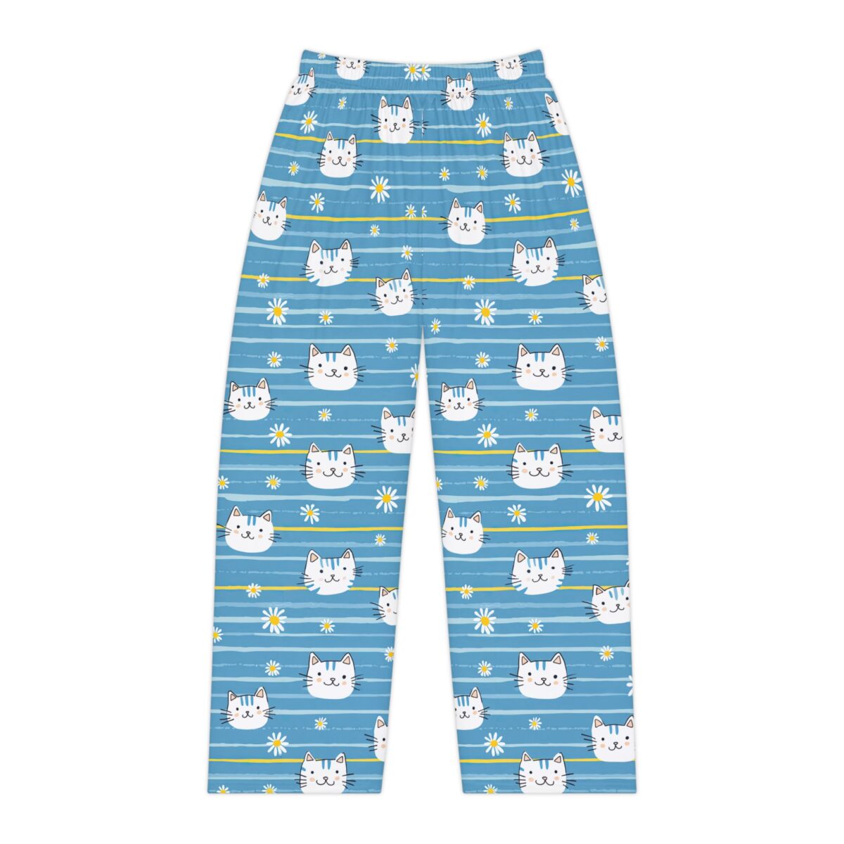Cute white cat faces with yellow flowers on blue striped pajama pants, all over print sublimation design.